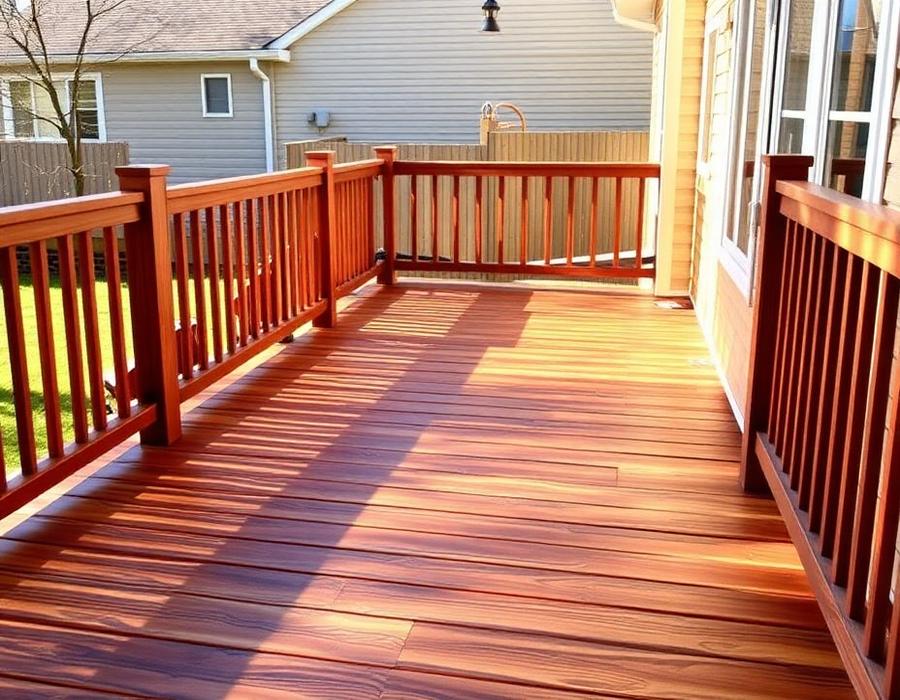 Backyard wood deck with a freshly applied rich stain