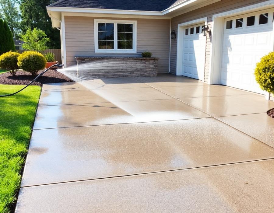 Driveway and siding being cleaned with a power washer